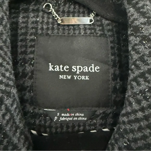 NWT Kate Spade Coat Sparkle Houndstooth Peacoat Cropped Metal Buttons Black Grey - Picture 5 of 7